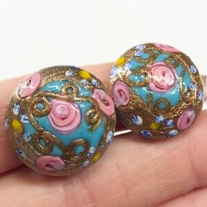 VTG Itlay Venetian Murano Fiorato Lampwork Wedding Cake Button Clip On Earrings